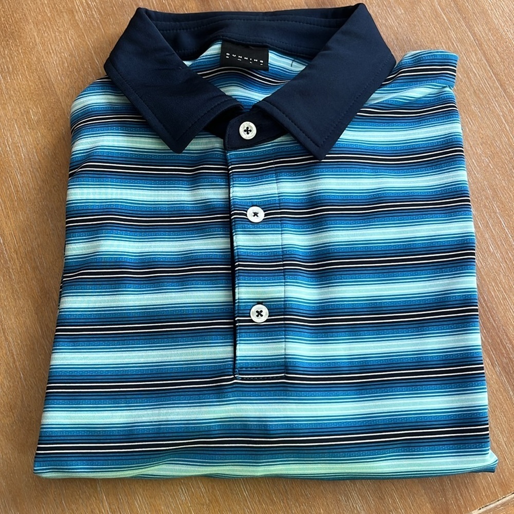 Dunning Golf Mens Large Cool Max Performance Golf Polo Wicking Blue Striped